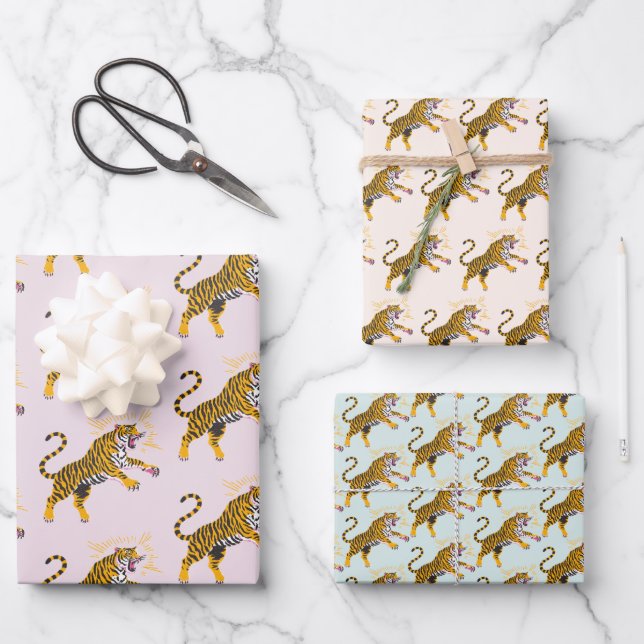 Retro Boho Roaring Tiger Orange Pink Wrapping Paper Sheets (Front)