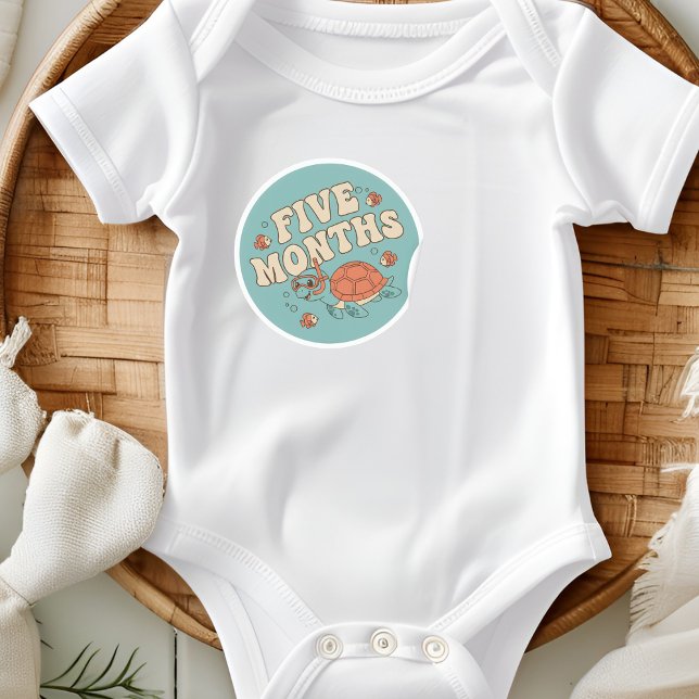 Retro Boho Sea Turtle Baby Five Months Milestone Classic Round Sticker (Creator Uploaded)