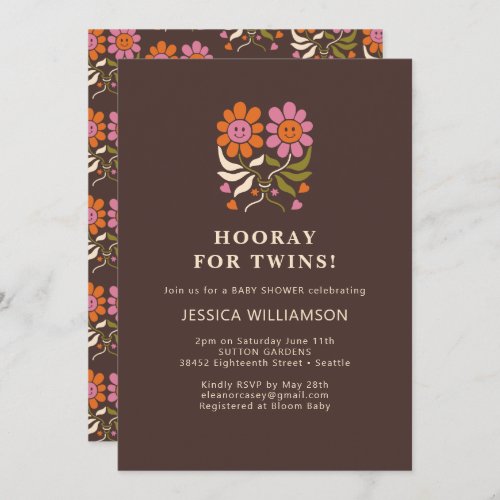 Retro Boho Smile Floral Groovy TWINS Baby Shower Invitation