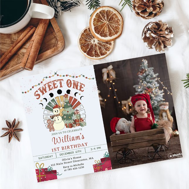 Retro Boho Snowman Christmas Tree 1st Birthday Invitation (Creator Uploaded)