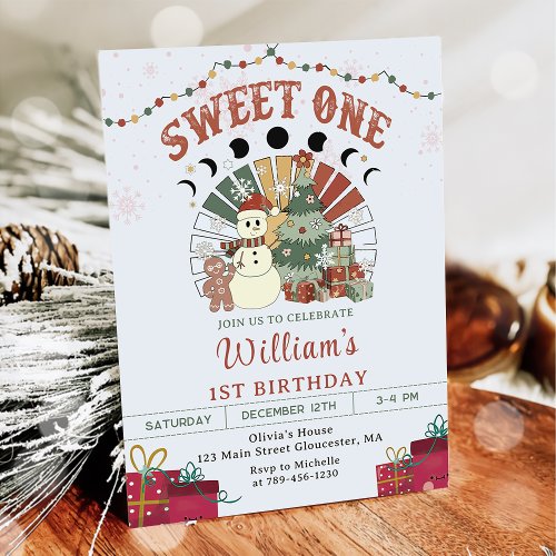 Retro Boho Snowman Christmas Tree 1st Birthday Invitation