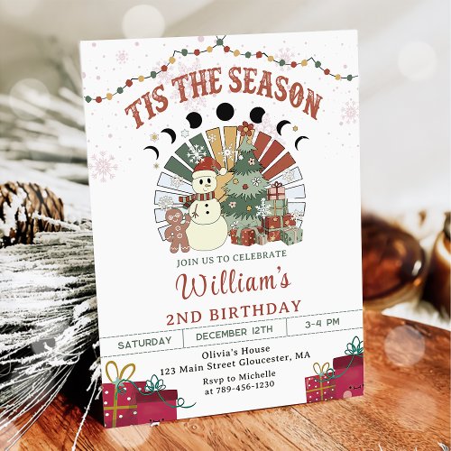 Retro Boho Snowman Christmas Tree Birthday Invitation