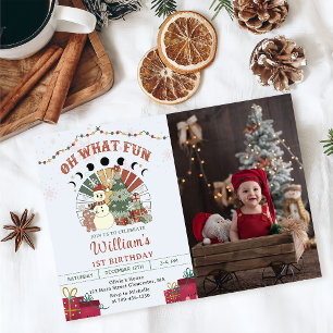 Retro Boho Snowman Christmas Tree Birthday Photo Invitation