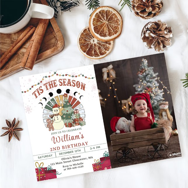 Retro Boho Snowman Christmas Tree Birthday Photo Invitation (Creator Uploaded)