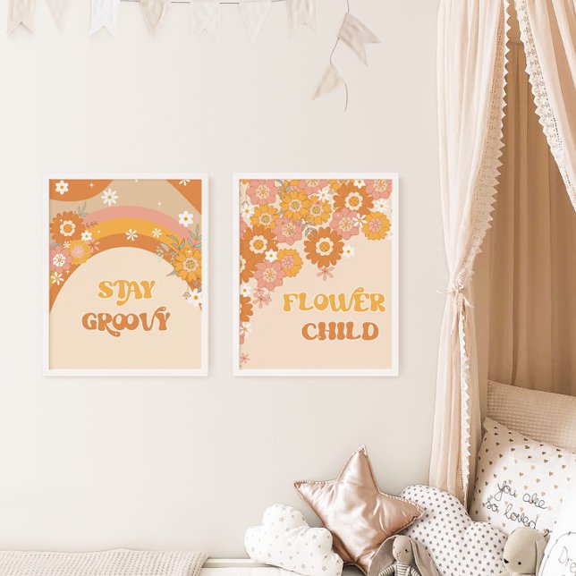 Retro boho stay groovy flower child nursery wall art sets (Creator Uploaded)