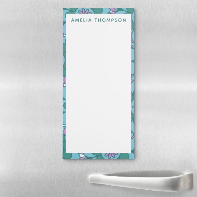 Retro Boho Teal Floral Motif Pattern Personalized Magnetic Notepad (In Situ)