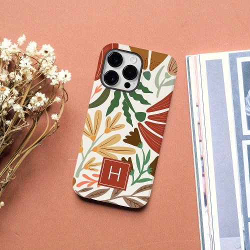 Retro Boho Terracota Floral Simple Chic Monogram  iPhone 15 Pro Max Case