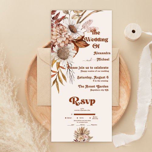 Retro Boho Terracotta Burnt Orange Wedding   All In One Invitation