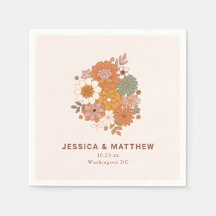 Retro Boho Terracotta Floral Custom Name Wedding  Napkins