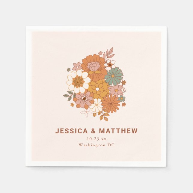 Retro Boho Terracotta Floral Custom Name Wedding  Napkins (Front)