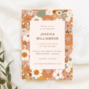 Retro Boho Terracotta Floral Cute Bat Mitzvah Invitation