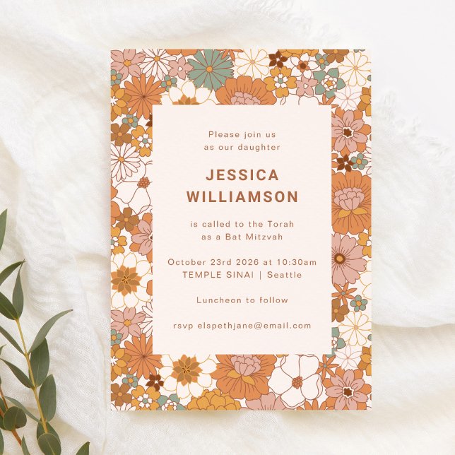 Retro Boho Terracotta Floral Cute Bat Mitzvah  Invitation (Creator Uploaded)