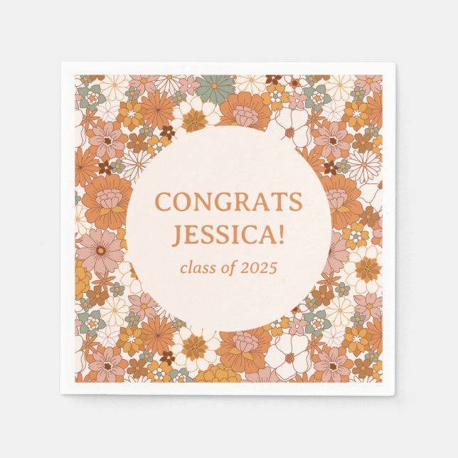 Retro Boho Terracotta Floral Cute Graduation Party Napkins (Front)