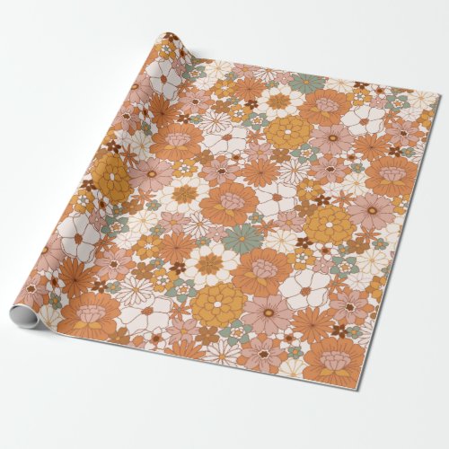 Retro Boho Terracotta Floral Flowers Bohemian Wrapping Paper