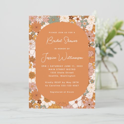 Retro Boho Terracotta Floral Trendy Bridal Shower Invitation