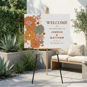 Retro Boho Terracotta Floral Wedding Welcome Sign