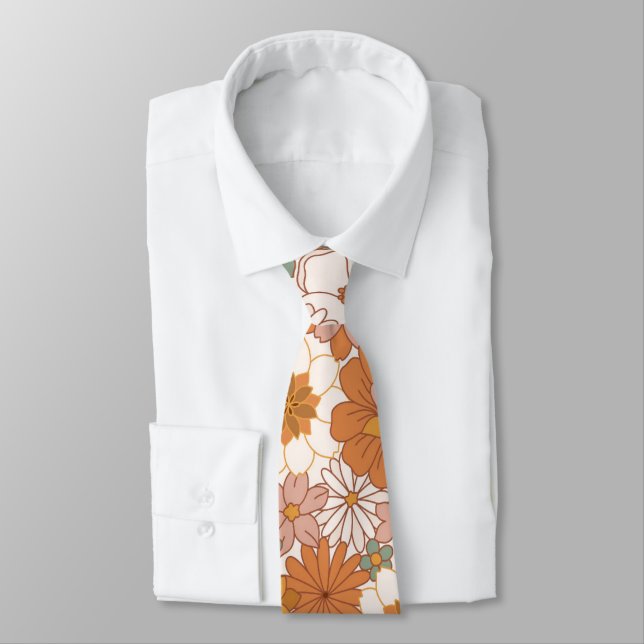 Retro Boho Terracotta Floral Wildflowers Autumn  Neck Tie (Tied)
