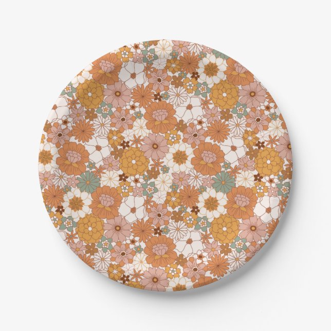 Retro Boho Terracotta Floral Wildflowers Autumn  Paper Plates (Front)