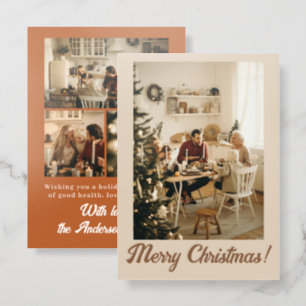 Retro Boho Terracotta Merry Family Christmas Letterpress Photo Cards