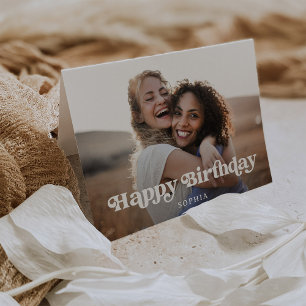 Retro Boho Text and Photo Happy Birthday Card