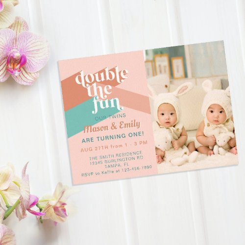 Retro Boho Twins Birthday Party Photo Invitation