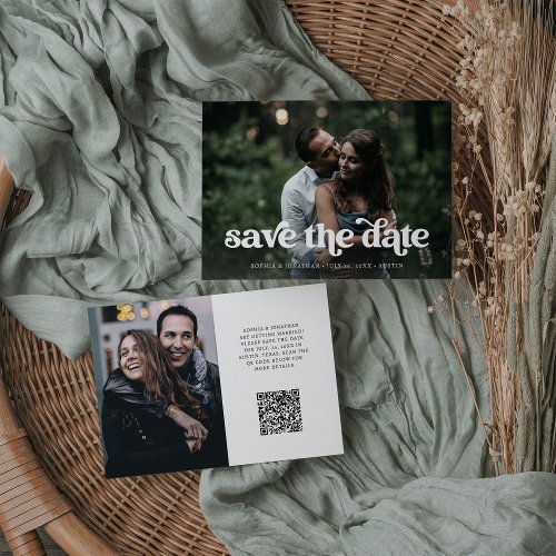 Retro Boho Typography and Two Photos  QR Code Save The Date