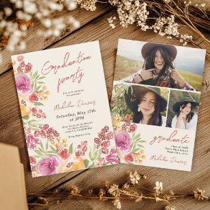 Retro Boho Watercolor Floral 3 photos Graduation Invitation