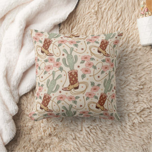 Retro Boho Western Desert Cactus & Floral Pattern Throw Pillow