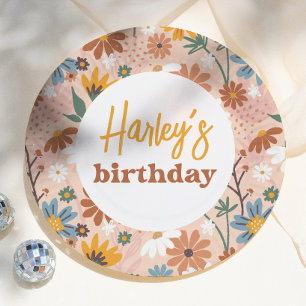 Retro Boho Wildflower Girl Birthday Party Paper Plates