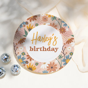 Retro Boho Wildflower Girl Birthday Party Paper Plates