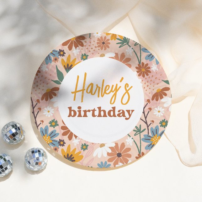 Retro Boho Wildflower Girl Birthday Party Paper Plates (Creator Uploaded)