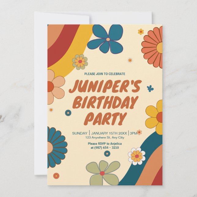 Retro Boho Wildflower groovy rainbow 70s birthday Invitation (Front)