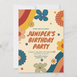 Retro Boho Wildflower groovy rainbow 70s birthday Invitation
