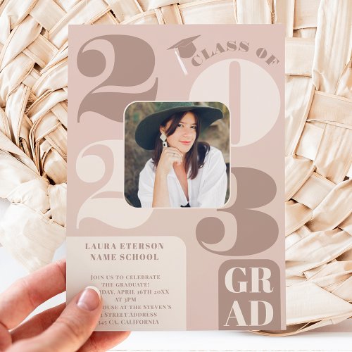 Retro bold 2023 coffee beige 5 photos graduation invitation