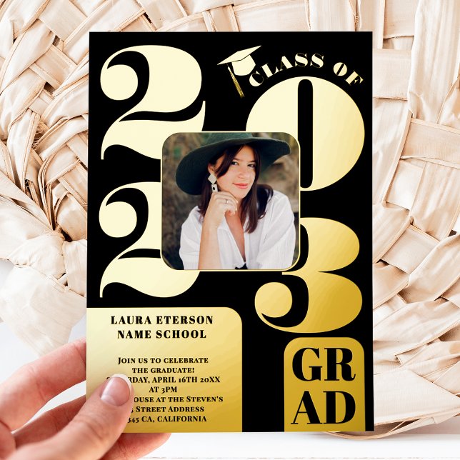 Retro bold 2023 gold black 5 photos graduation foil invitation (Creator Uploaded)