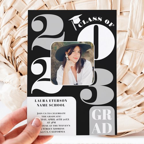 Retro bold 2023 gray black 5 photos graduation invitation