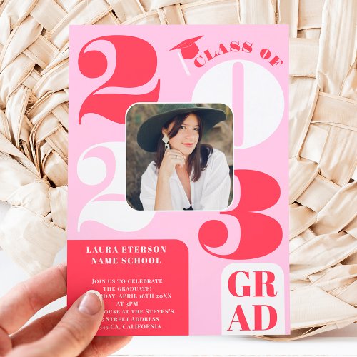 Retro bold 2023 pink red 5 photos graduation invitation