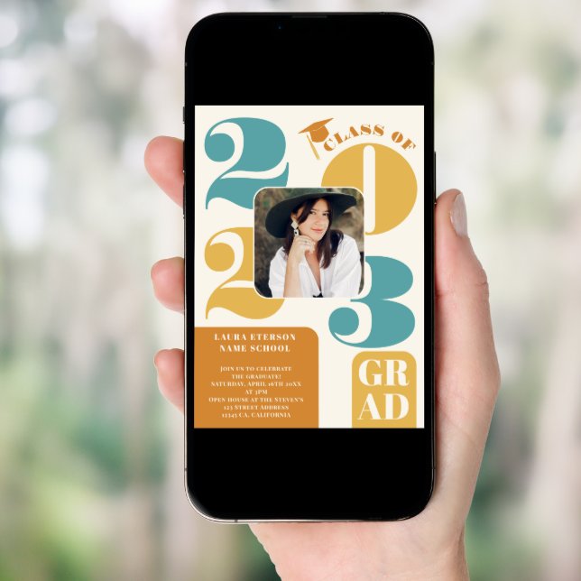 Retro bold 2023 terracotta teal 5 photo graduation invitation (Front Digital)