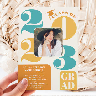 Retro bold 2023 terracotta teal 5 photo graduation invitation