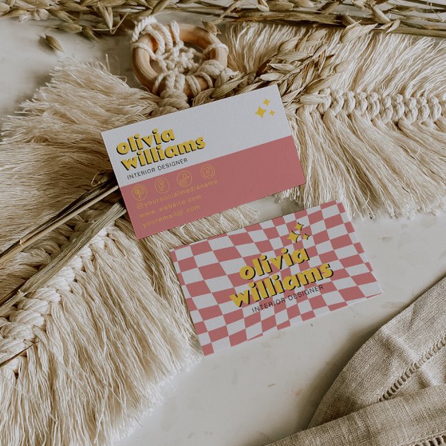 Retro Bold 70s Boho Groovy Checkered Trendy Unique Business Card (Creator Uploaded)