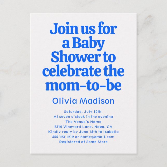 Retro Bold Baby Shower Blue  Invitation Postcard (Front)