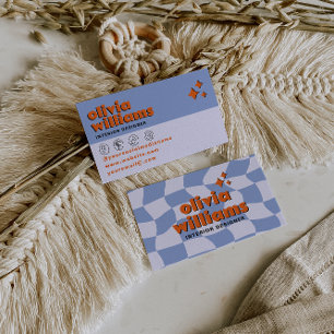 Retro Bold Blue Orange Groovy Checkered Unique Fun Business Card