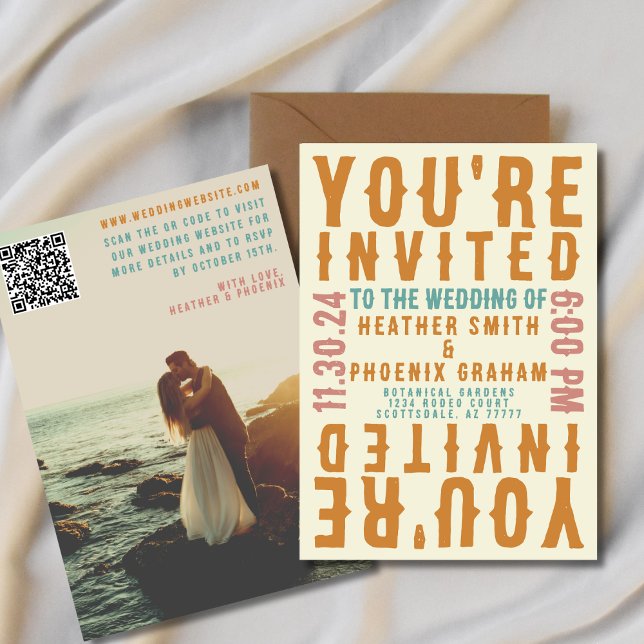 Retro Bold Bright Photo and QR code Wedding Invitation (Creator Uploaded)