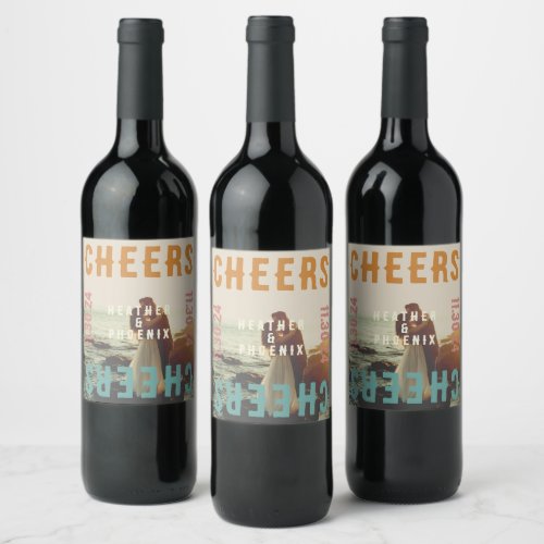 Retro Bold Bright Typography Photo Wedding Wine Label