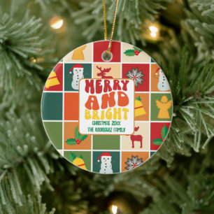 Retro Bold Colorful Family Name Christmas Ceramic Ornament