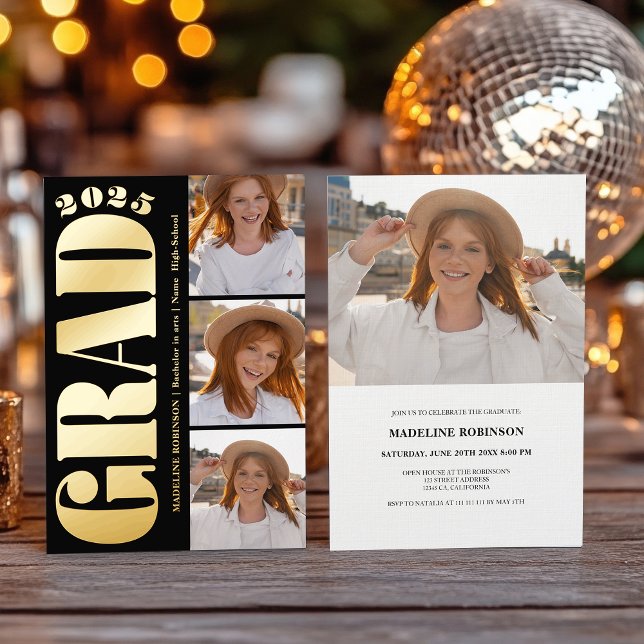 Retro Bold Gold 2025 Graduation Party 4 Photo Foil Invitation (Retro Bold Gold 2025 Graduation Party 4 Photo Foil Invitation)