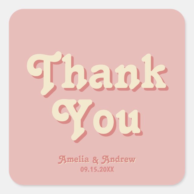 Retro Bold Groovy Coral Pink 1970s Wedding Favor Square Sticker (Front)