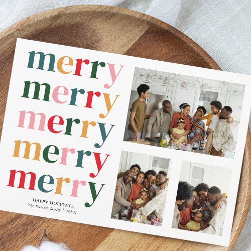 Retro Bold Merry Christmas Modern Minimal 3 Photo Holiday Card