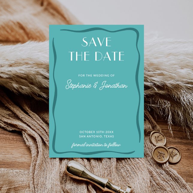 Retro Bold Mid Century Modern Teal Blue Wedding Save The Date (Creator Uploaded)