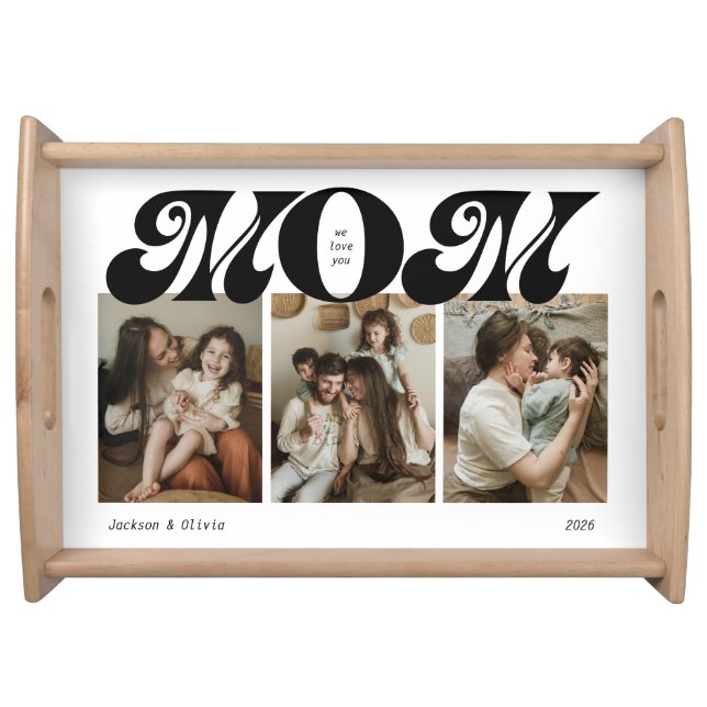 Retro Bold Mom 3 Photo Collage Serving Tray (Front)